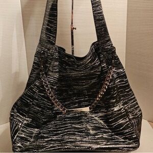 Like New Henri Bendel Black & White Leather, Snakeskin Embossed Tote
